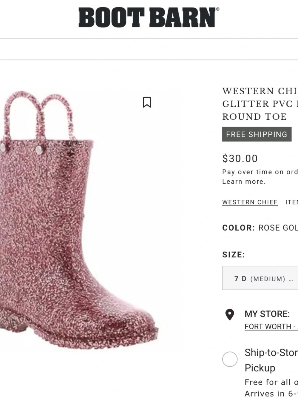 NWOT-Western Chief Pink Glitter Kids Rain Boot with Pull Handles